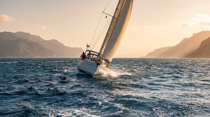 Velero navegando entre las costas áridas y montañosas del Golfo de California