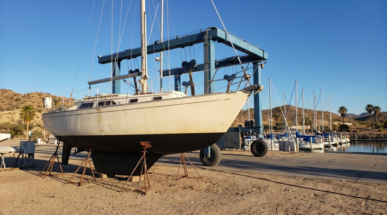 Velero de crucero de 35 pies en seco sobre picaderos en un varadero, con el travelift al fondo y la marina detrás