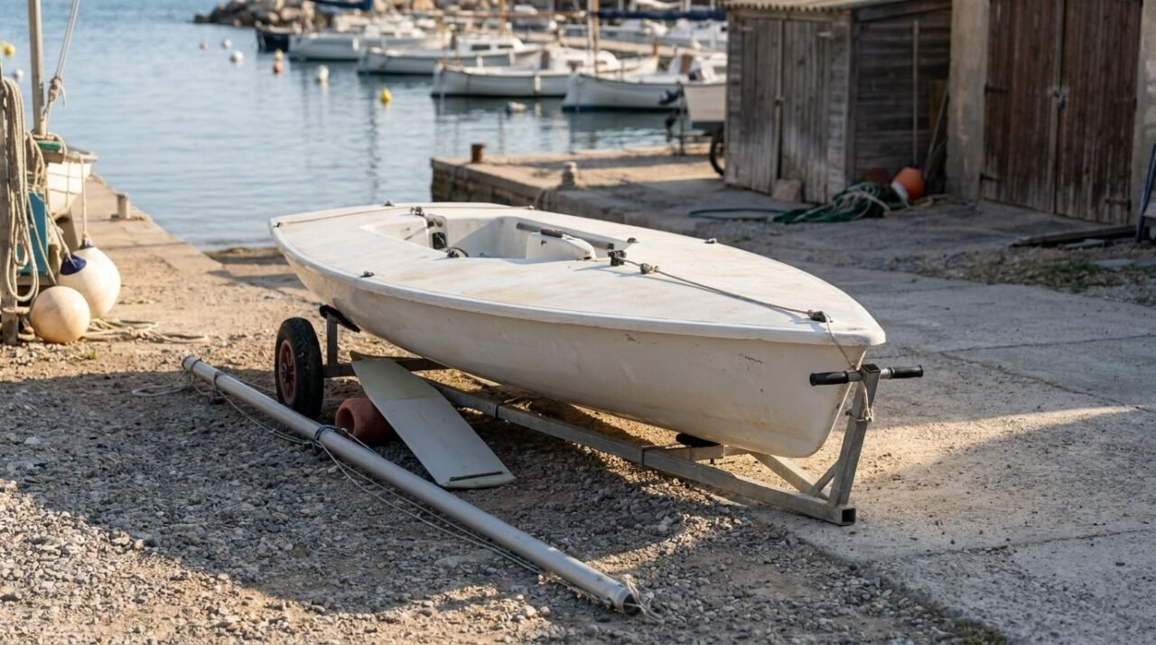 Casco de vela ligera monotipo sobre un carro de varada en un varadero, con el mástil desmontado y la orza apoyada al lado