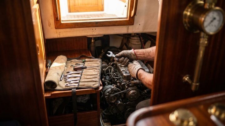 Manos con una llave trabajando sobre el motor diésel de un velero, con el juego de herramientas desplegado al lado