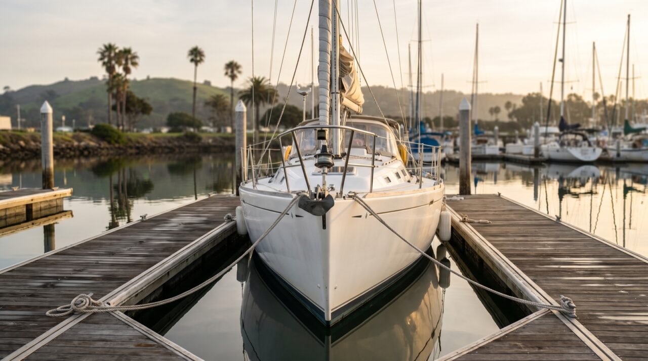 Velero amarrado de proa en un muelle de madera al amanecer, con palmeras y cerros al fondo