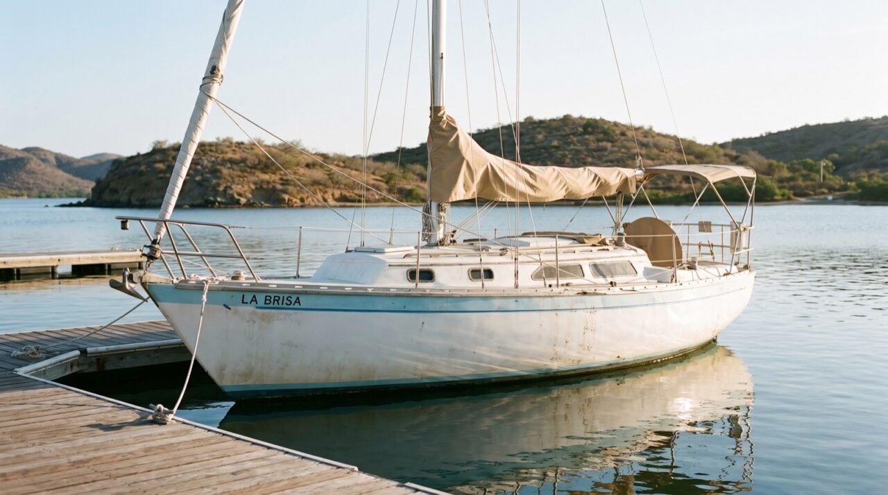 Velero pequeño de crucero, con la mayor enfundada, amarrado a un muelle frente a cerros áridos