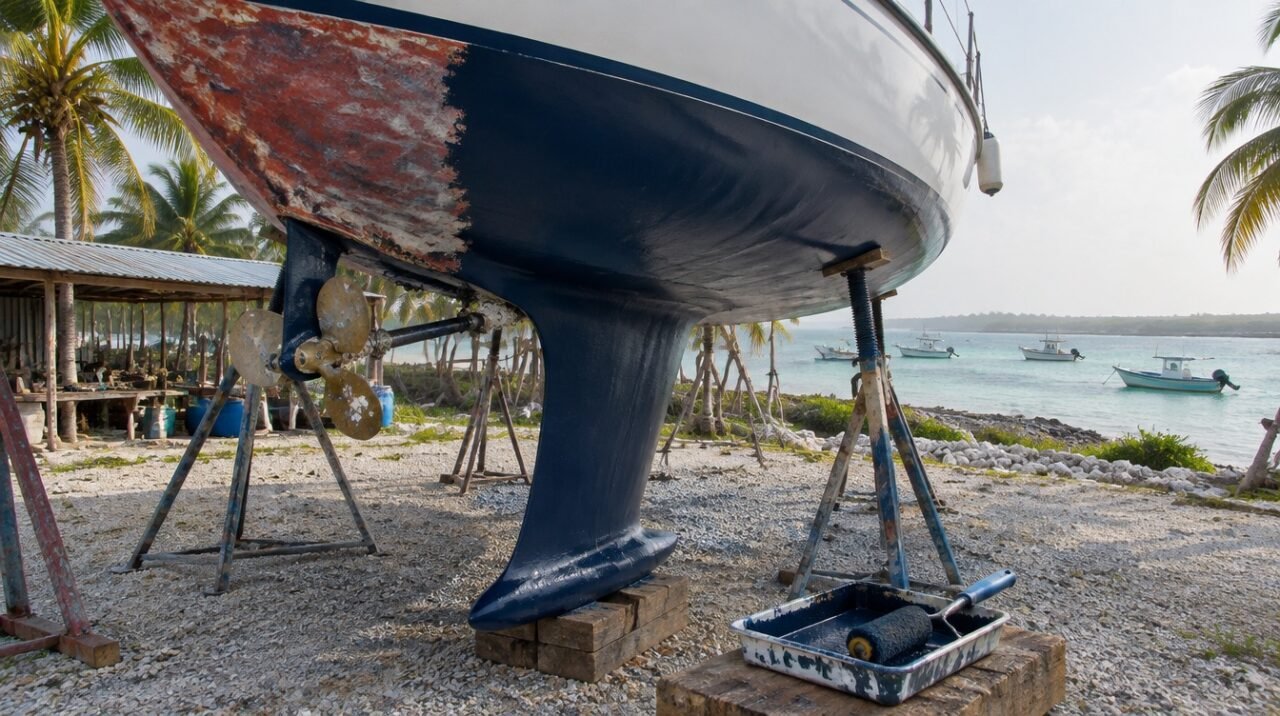 Velero de crucero en calzos en un varadero de la costa de Yucatán, con la obra viva a medio pintar de antifouling azul sobre la pintura roja vieja, hélice con balanos, bandeja y rodillo en primer plano, y palmeras y lanchas de pesca en el Golfo de México al fondo