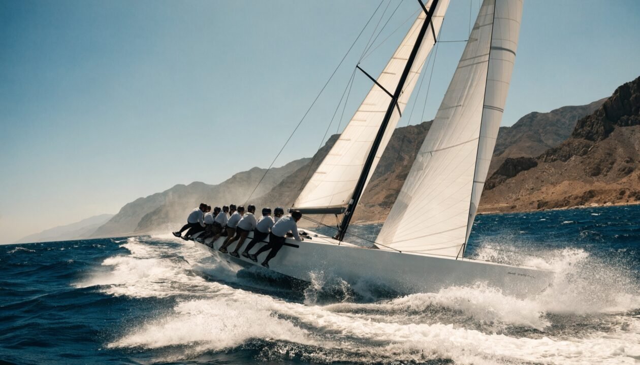 Tripulación de un monotipo de regata haciendo banda en ceñida