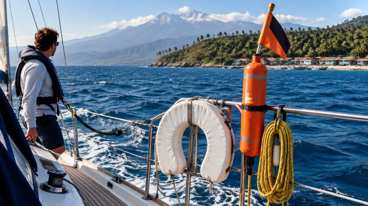 Aro salvavidas, baliza de hombre al agua y cabo flotante montados en el balcon de popa de un velero, con la costa caribena colombiana al fondo