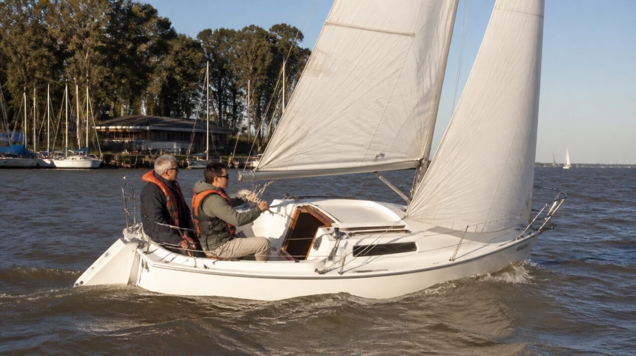 Instructor de pelo canoso y alumno con chalecos salvavidas naranjas navegando en un velero pequeño blanco sobre las aguas pardas del Río de la Plata, con árboles altos y un club náutico con veleros amarrados en la orilla.