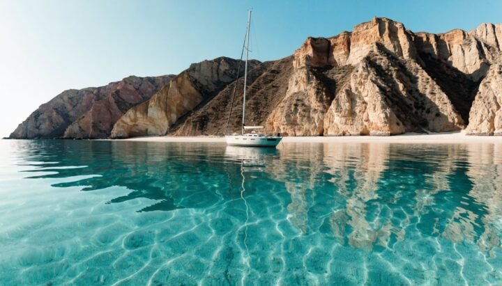 Velero fondeado en una cala turquesa de una isla desierta del Mar de Cortés