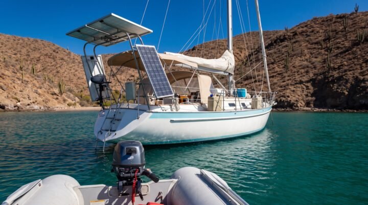 Velero de crucero blanco fondeado en una caleta de aguas turquesa del Mar de Cortés, con dos paneles solares montados sobre un pórtico de acero inoxidable en la popa y cerros desérticos con cardones al fondo.