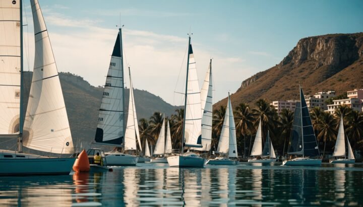 Flota de veleros en la línea de salida de una regata de club