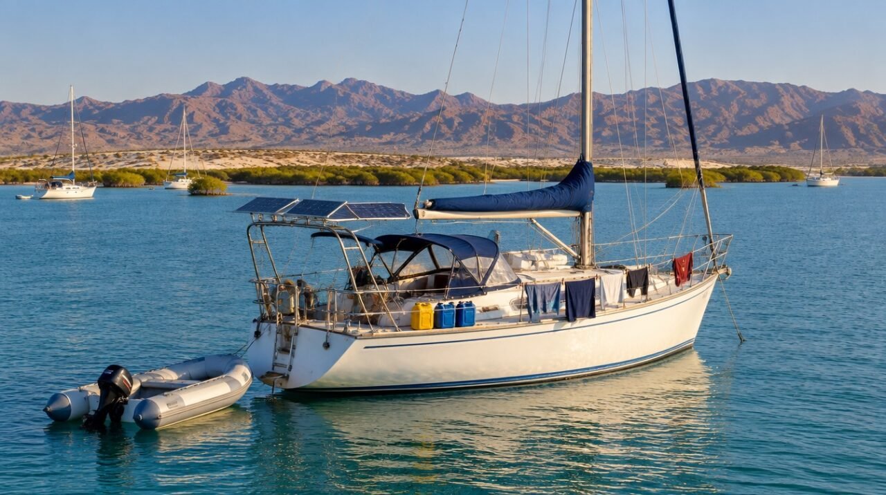 Velero de crucero fondeado frente a El Mogote, en la bahía de La Paz, con paneles solares en el pórtico, ropa tendida en los guardamancebos y el bote atado a popa; al fondo, manglares y los cerros secos de Baja California Sur